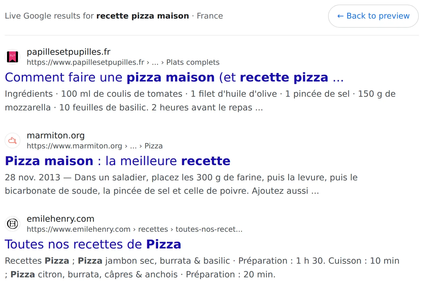 Live Google results for a query with France selected, shown in French